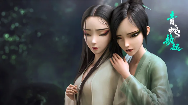 两名动漫风格的女子穿着浅色服装站在深绿色背景前。