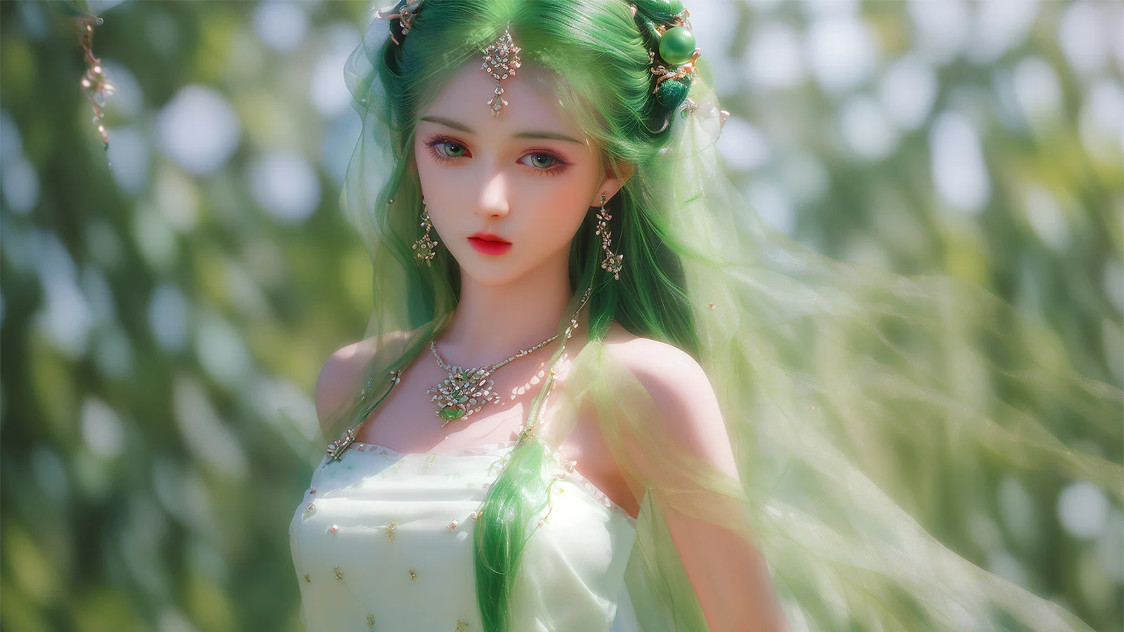 초록색 머리의 판타지풍 여성이 부드러운 숲의 빛과 보케 속에 서 있습니다.