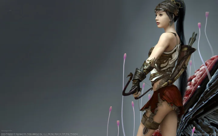 暗い灰色の背景に、弓矢を持ちファンタジー風の衣装を着た女性キャラクターが描かれています。