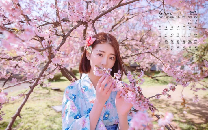 一名身穿蓝色花卉服装的成年女子站在盛开的樱花树下，手持花枝靠近面部。