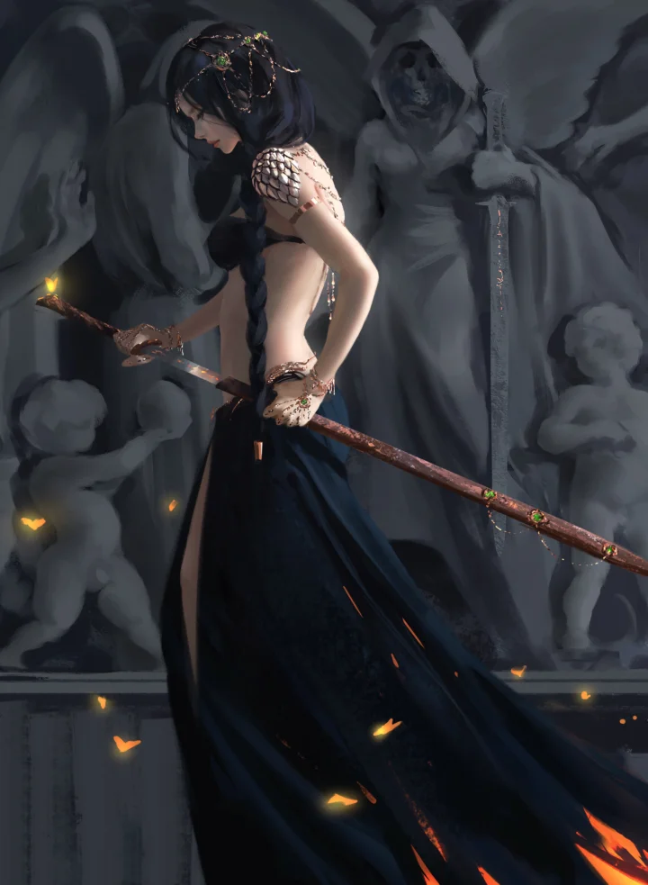 一幅暗色奇幻插画描绘了一名手持长剑、编着长发的女战士，背景中有朦胧的阴影人物和橙色光点。