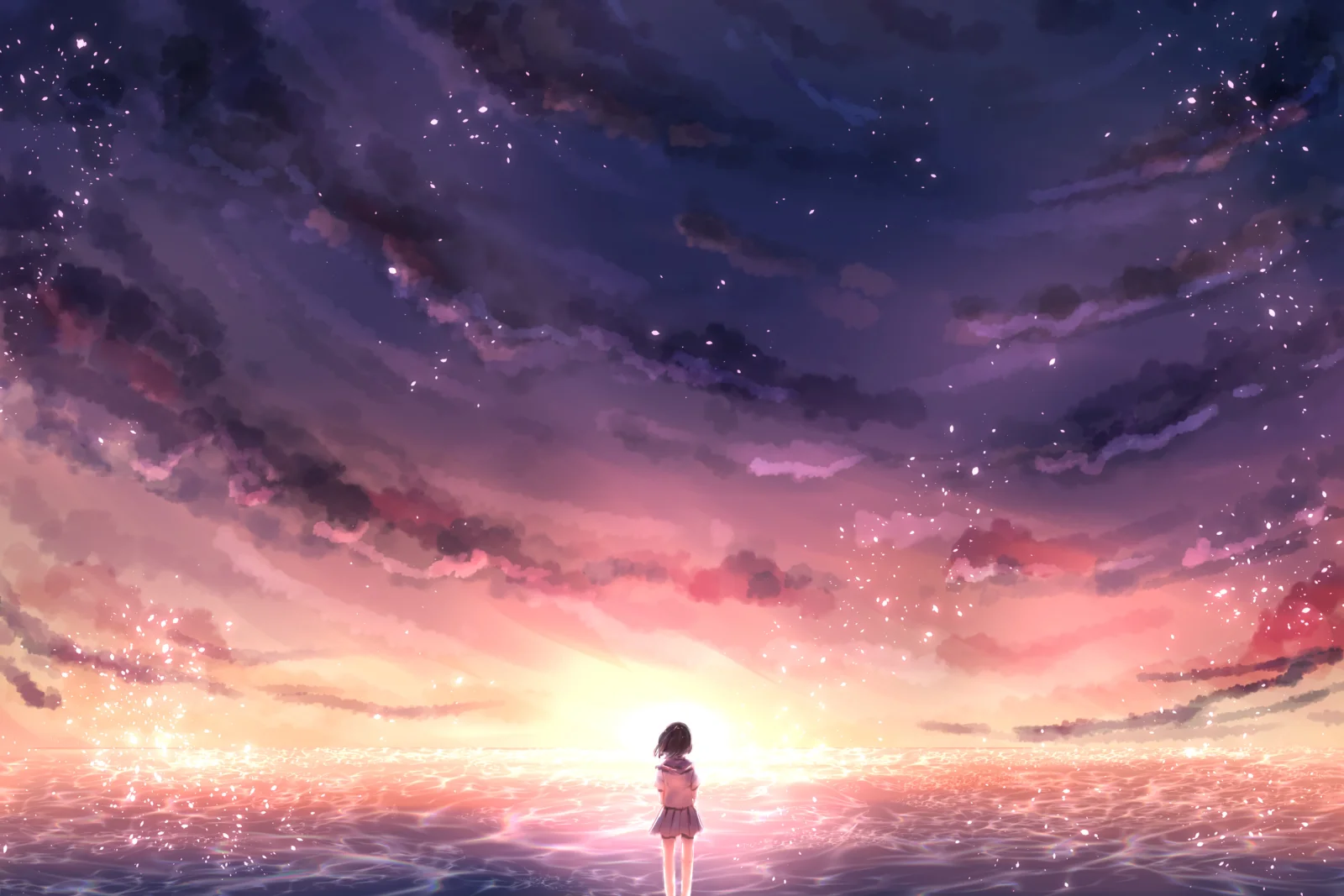 アニメ風のイラストに、ピンクと紫の夕焼けに染まる海と輝く星空、遠くに立つ小さな人物が描かれています。
