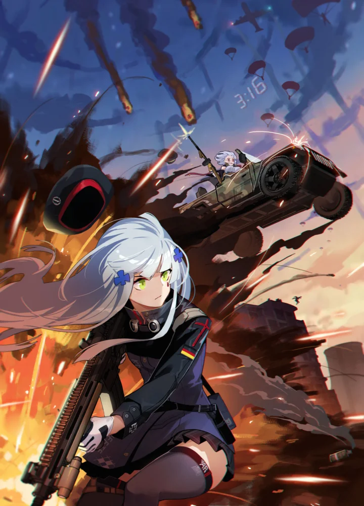 一名白发动漫少女手持武器站在前景，背景中一辆战车冲过爆炸与飞散的碎片。