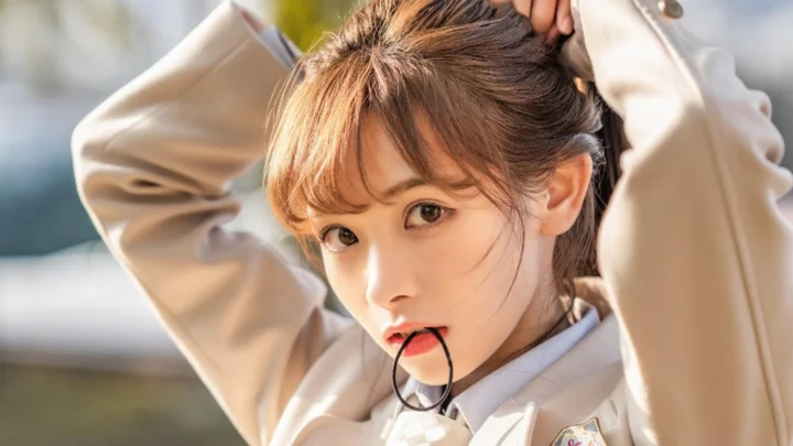 一位棕发女生抬手整理头发，嘴边夹着一副黑色眼镜，画面呈现明亮的人像特写。