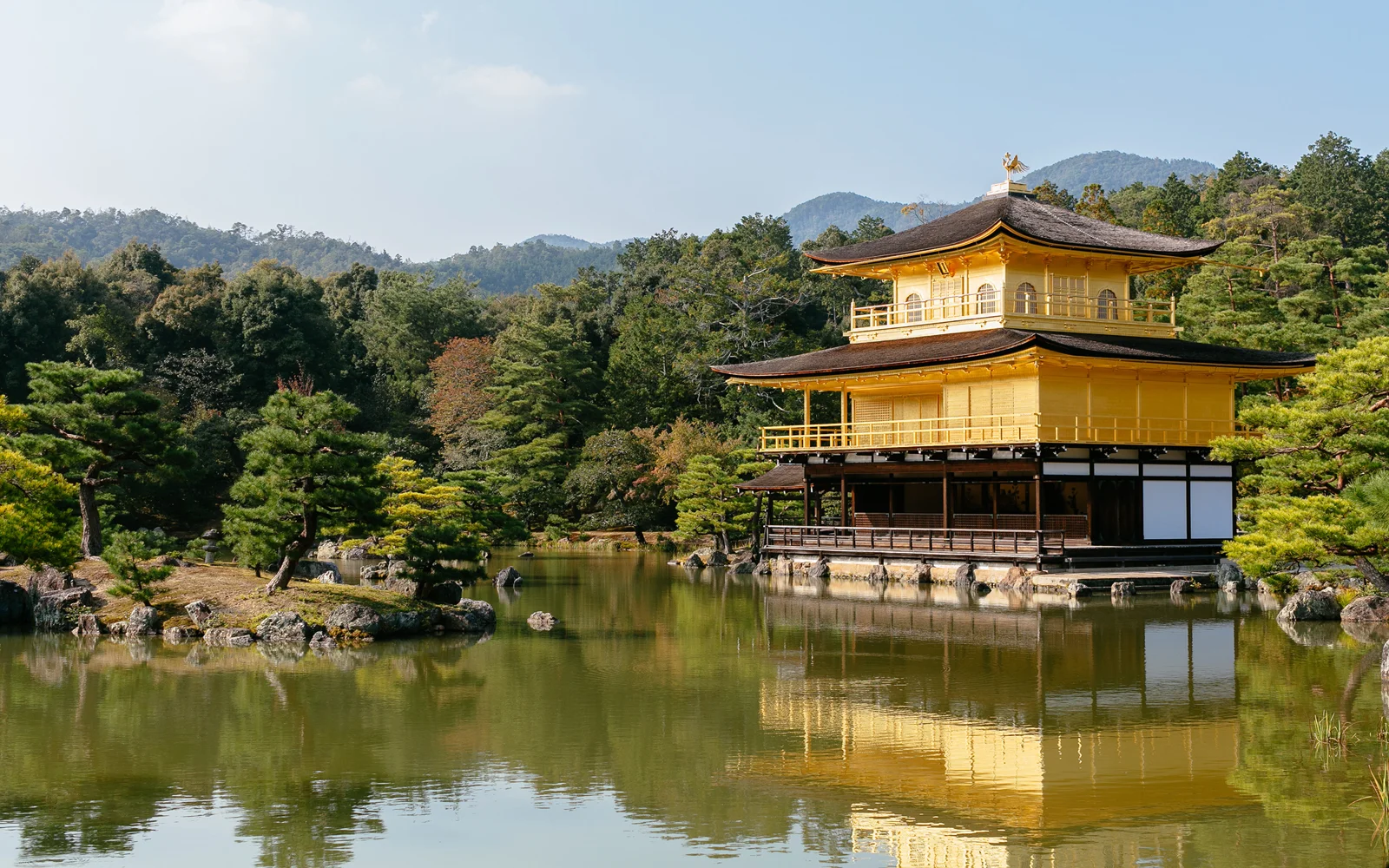 황금빛 누각이 연못가에 자리하고 숲과 먼 산으로 둘러싸여 있으며 수면에 건물의 모습이 비칩니다。