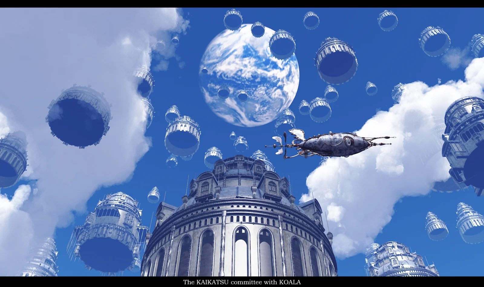 藍色星球、雲層、漂浮建築和一艘飛船構成科幻風格的太空畫面。
