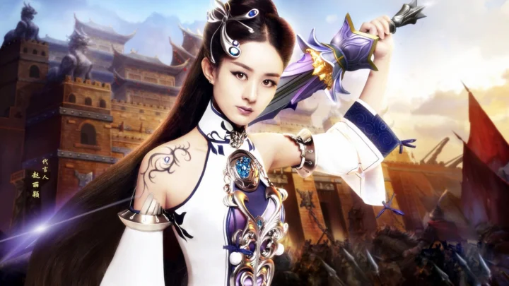 一名身穿白紫色服装、手持紫色长剑的女性战士站在幻想城堡前。