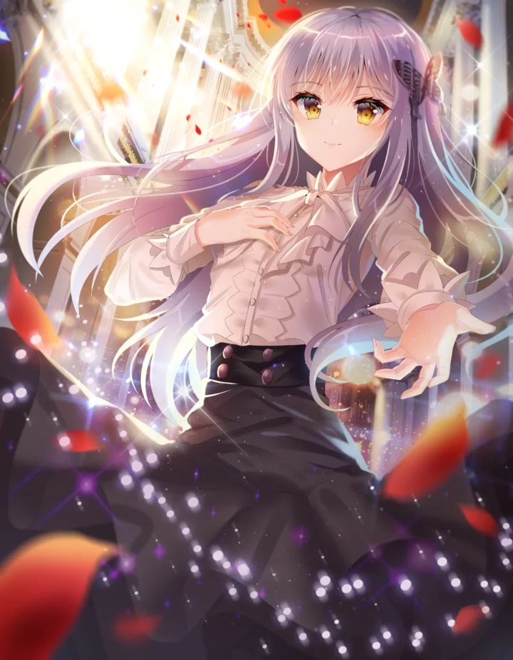紫色の長い髪をしたアニメキャラクターが、淡いフリルのブラウスと濃色のスカート姿で、きらめく光と舞い落ちる赤い花びらに囲まれている。
