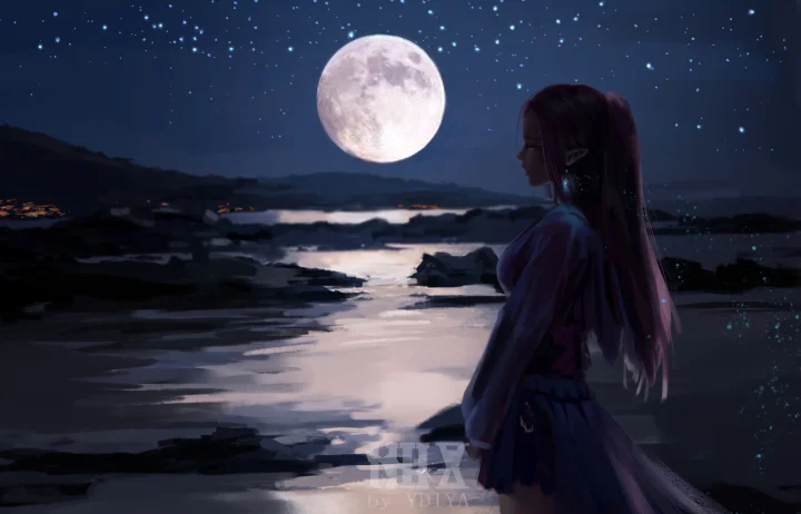 アニメ風の幻想的な人物が、満月と星空の下で月明かりに照らされた水辺に立っています。