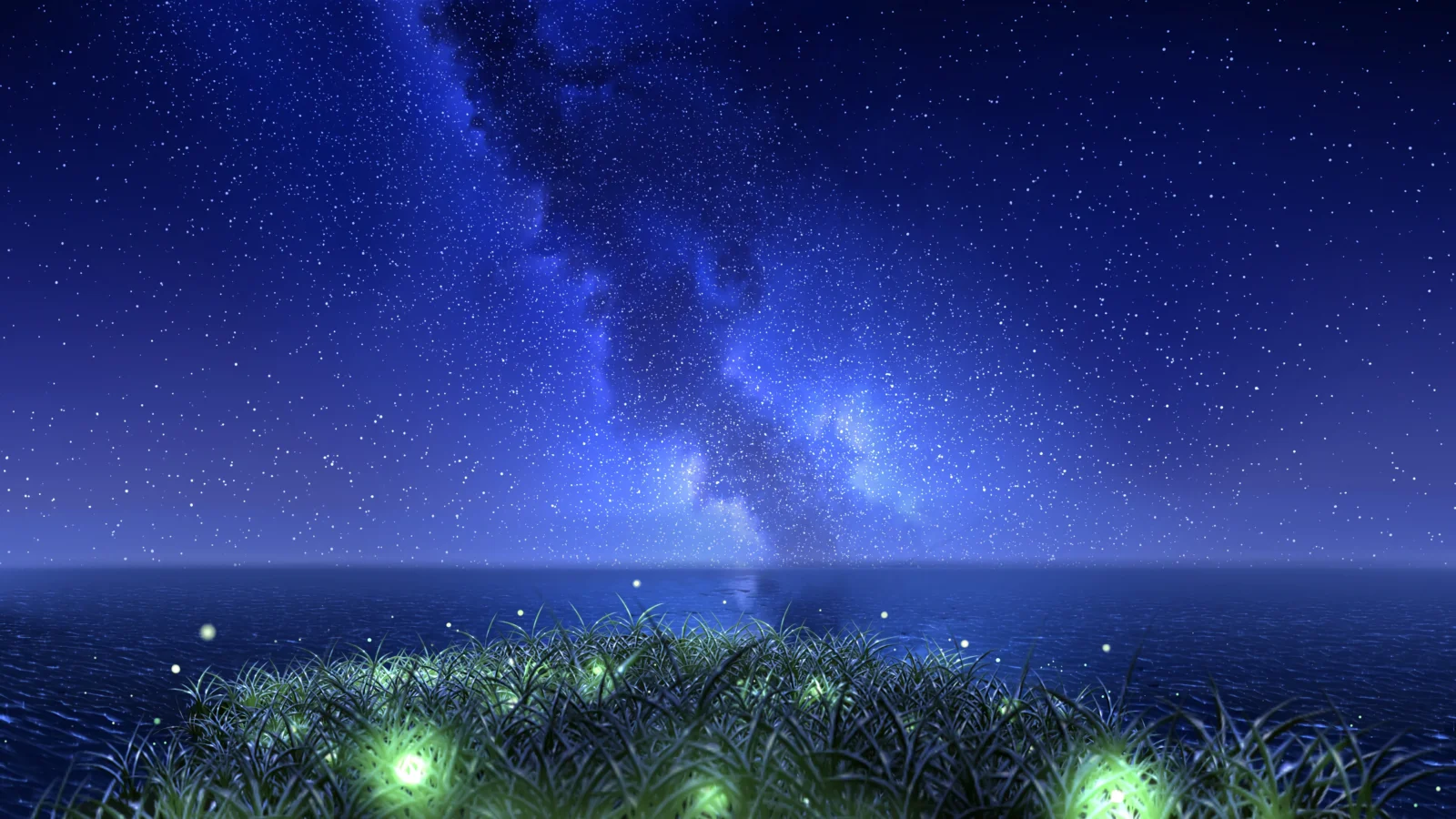 明亮的银河横跨宁静的海平线，前景是布满星光与荧光的草地。