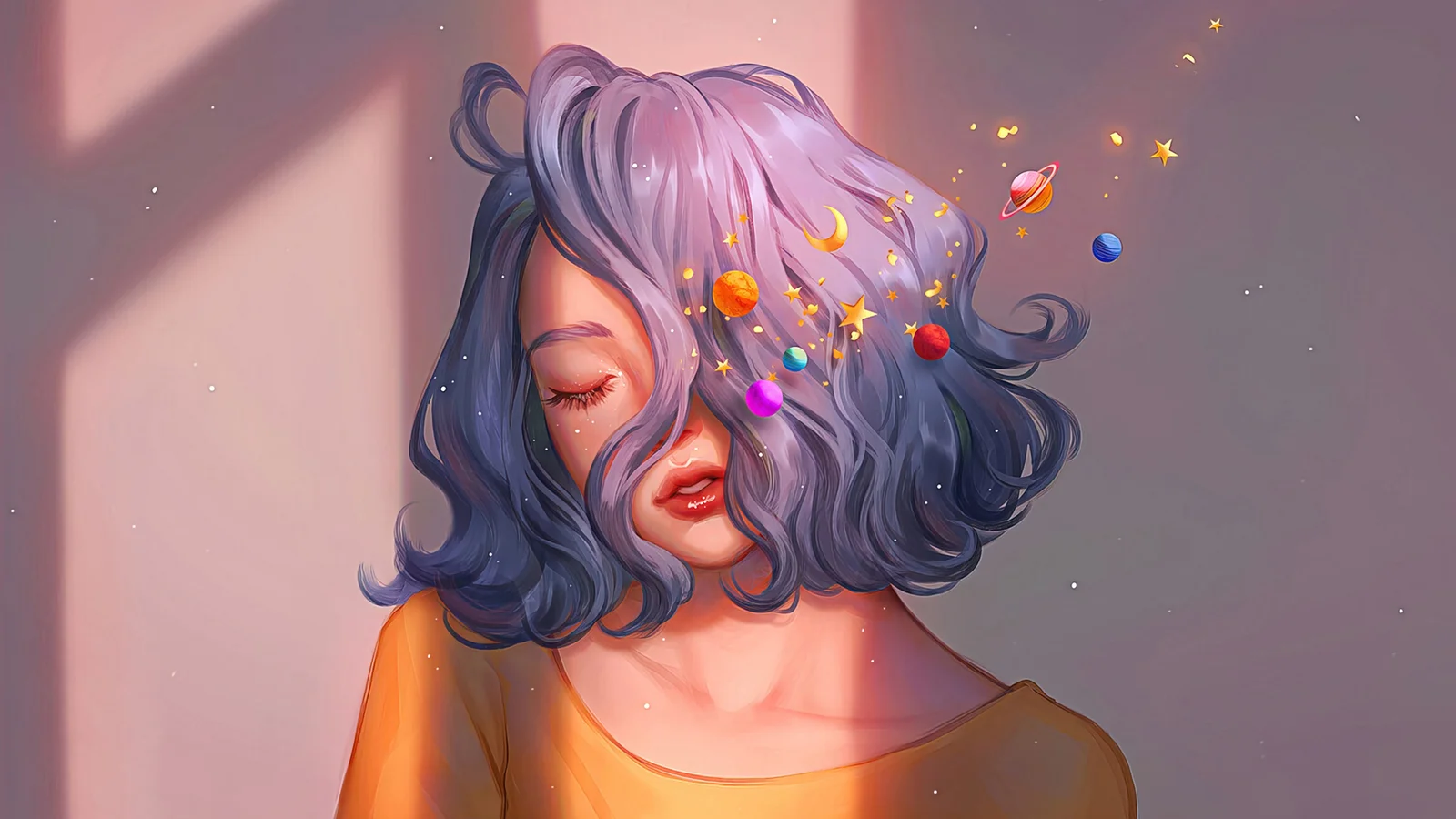 目を閉じた紫色の巻き髪の女性が描かれ、髪の間に惑星や星、輝く粒子が散りばめられています。