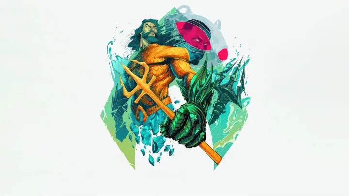 画面中央是一组风格化的奇幻战士插画，带有铠甲、武器和鲜艳的青绿色与橙色元素。