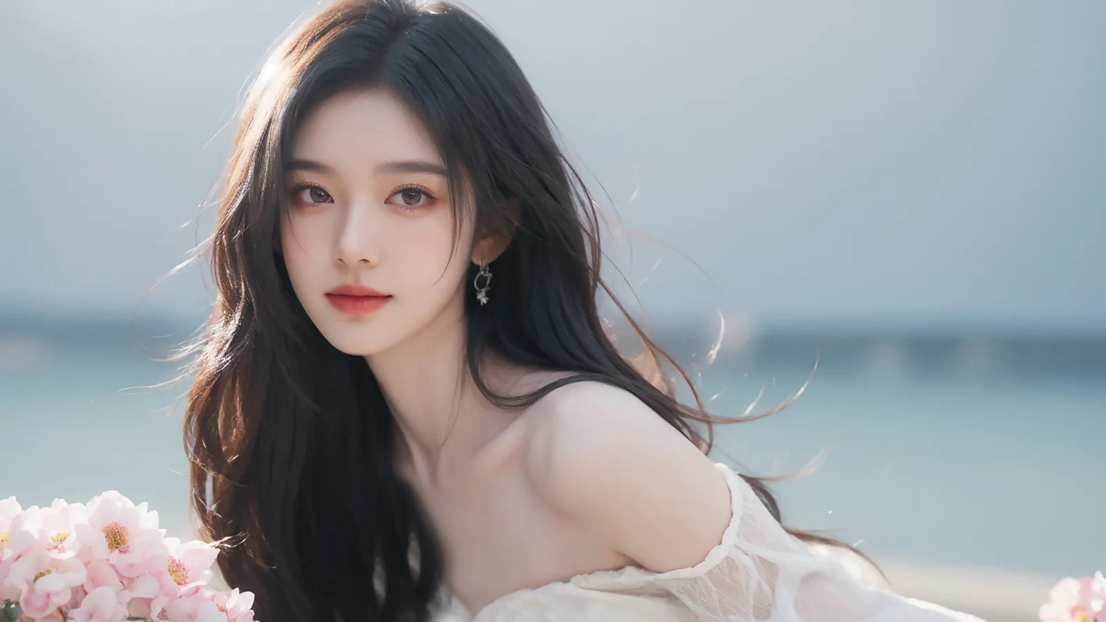 一位长发女性在海边面对镜头，前景可见粉色花朵。