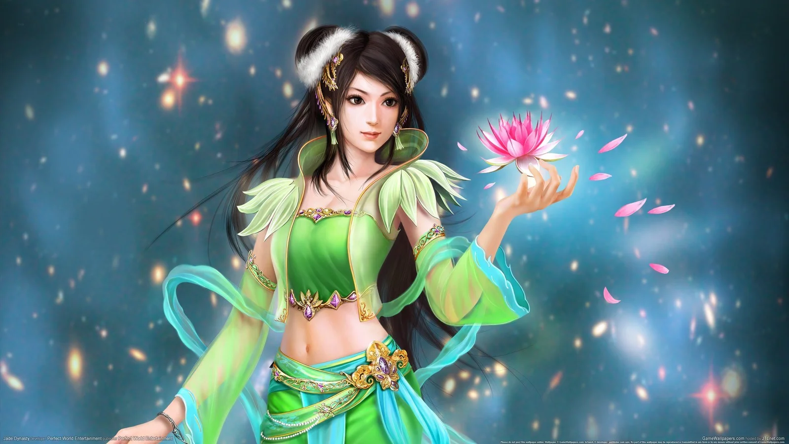 一位身穿绿色服饰的动漫女性手托盛开的粉色莲花，背景是闪烁的蓝色光点。