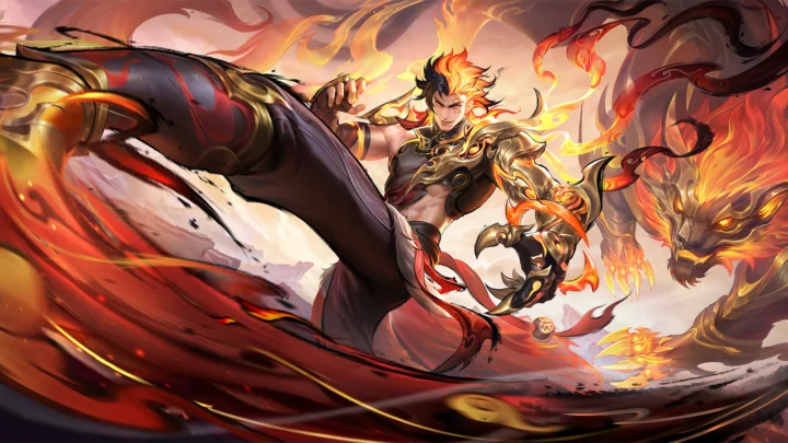 アニメ風の炎の戦士が、龍のような生物と渦巻く炎に囲まれて蹴りを放っている。