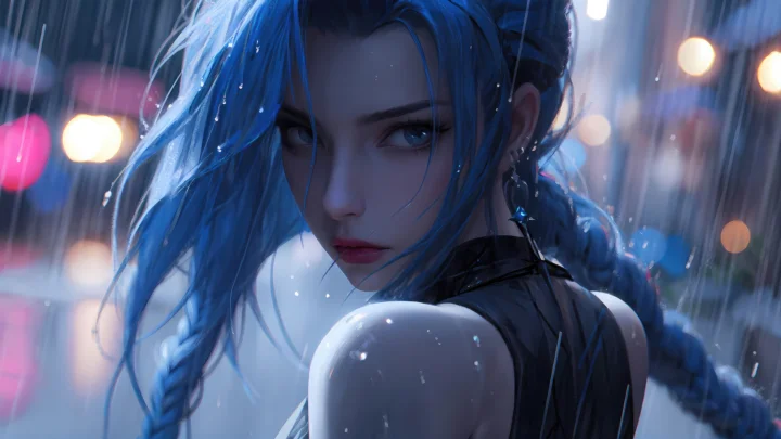 一名蓝发动漫女性在雨夜灯光下回望镜头。