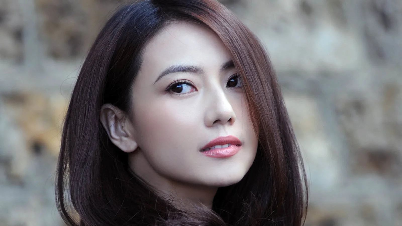 흐릿한 배경을 뒤로한 갈색 긴 머리 여성의 클로즈업 인물 사진입니다.