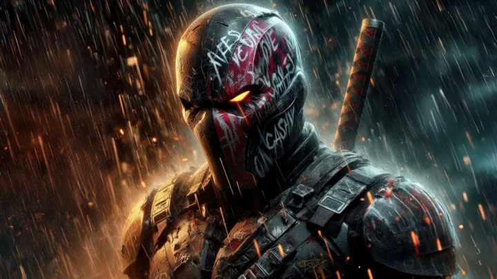落書き模様のマスクとアーマーを身に着けた戦士が激しい雨の中に立っている。
