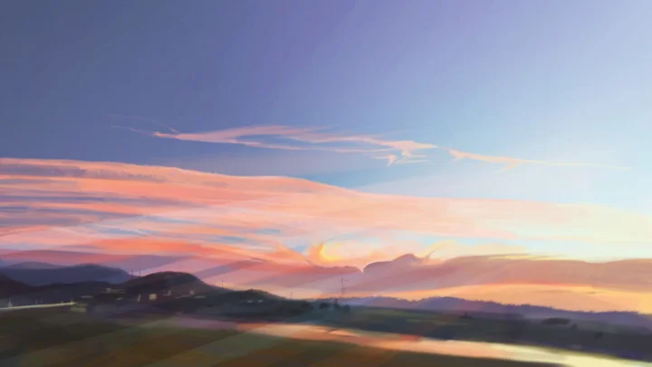 粉彩色晚霞映照着远处起伏的山丘与前景田野，画面带有柔和的朦胧感。