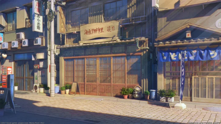 阳光照耀下的日式街道两旁排列着传统店铺和城市建筑。