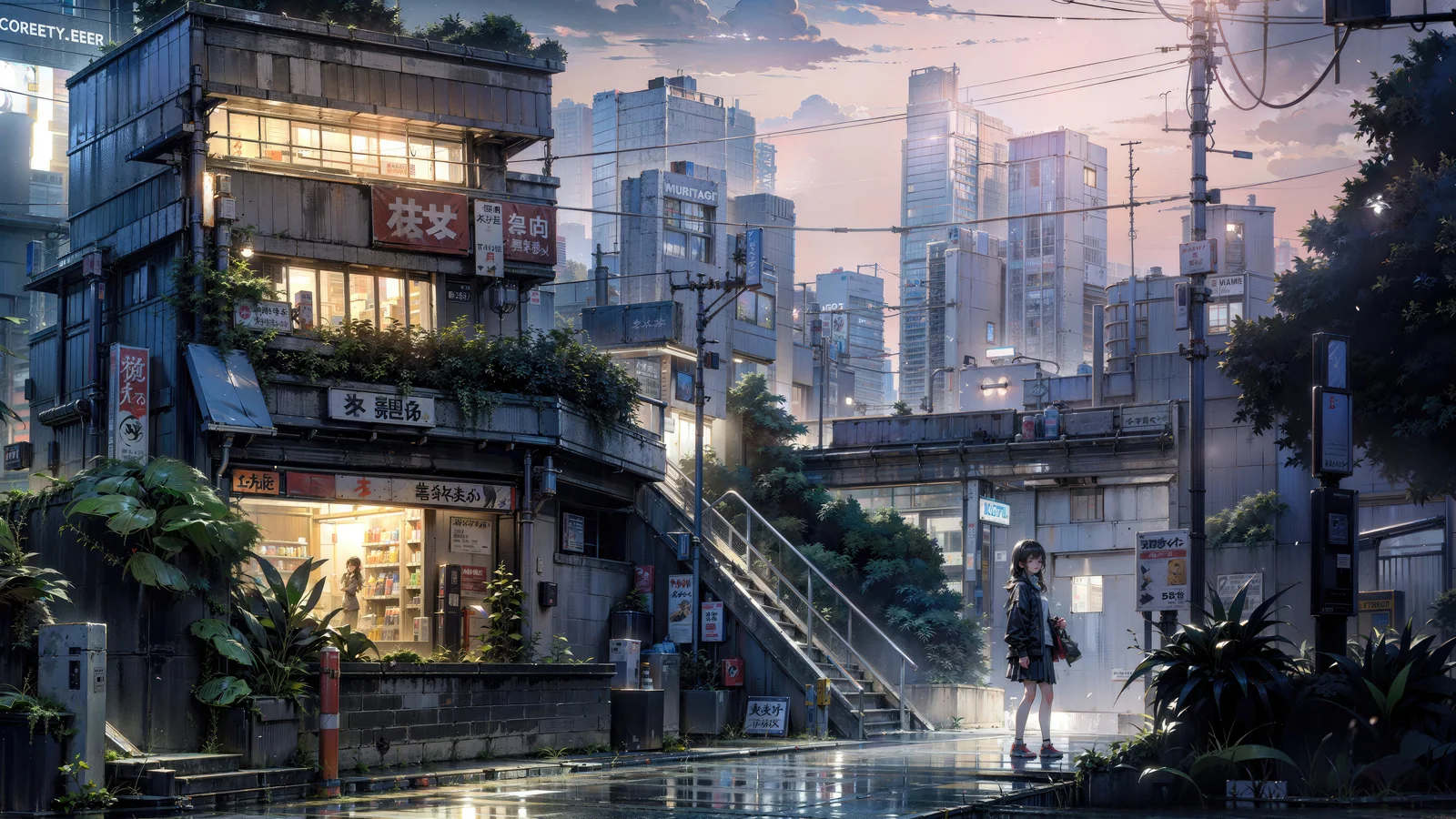 雨后的城市街道映着灯光，旧式店铺、高架轨道和远处的现代高楼交织在一起。