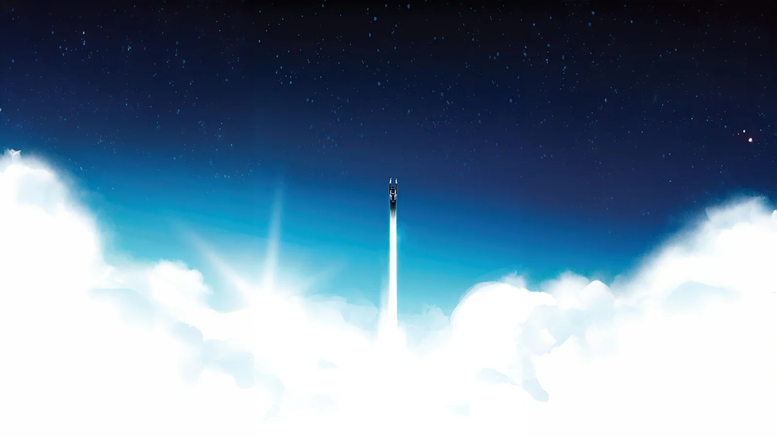 一枚火箭从明亮的云层中垂直升入繁星点点的深蓝色天空。