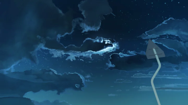 雲と星が広がる濃い青色の夜空に、右側へ曲がった標識柱が見える。