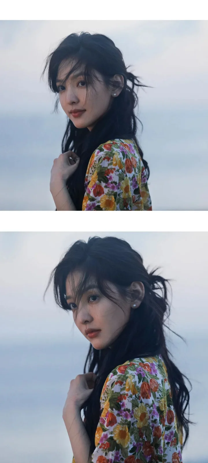 一名女子穿着彩色花卉上衣站在海边，画面呈现两幅相近的侧面肖像。