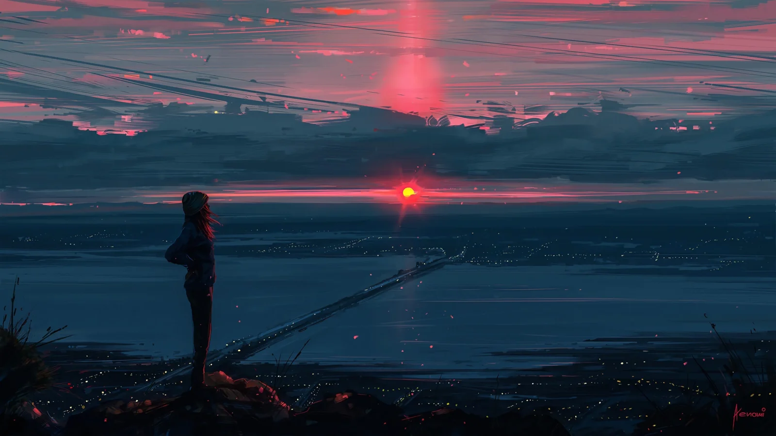 红色夕阳悬在层叠云层下的水面上，前景是昏暗的岩岸和一个小小的人影。