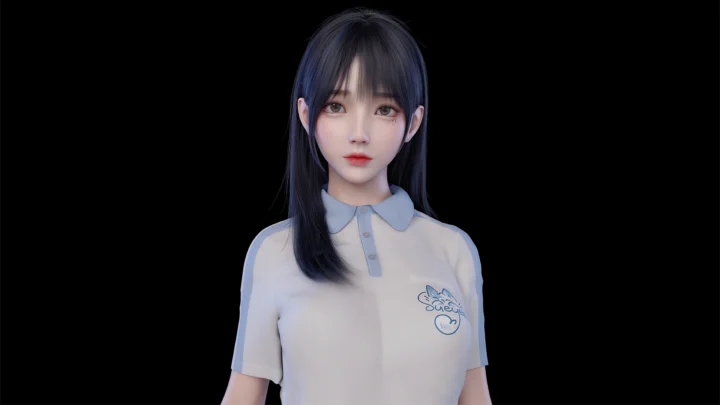 검은 배경 앞에서 검은 머리의 애니메이션풍 소녀가 밝은색 카라 상의를 입고 정면을 바라보고 있다.