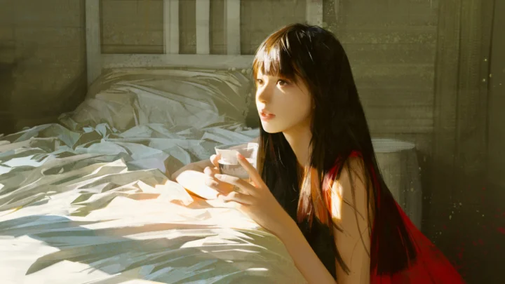 一名長髮動漫女孩坐在陽光照進的臥室裡，手中捧著茶杯。