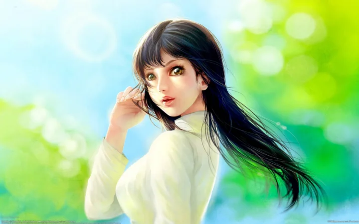 長い黒髪のアニメ風の女性が白い服を着て、青と緑のぼけた背景の前に描かれています。