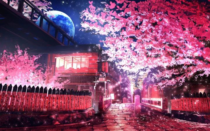 粉色樱花盛开的夜巷中，一座传统风格建筑和红色围栏映照在湿润的石板路上，星空与蓝色月亮般的天体悬于上方。