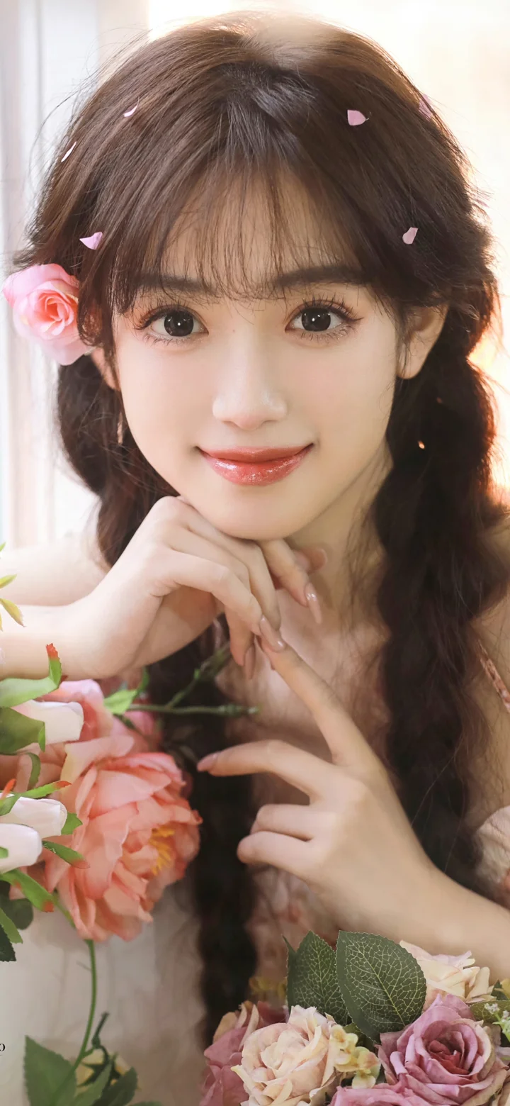 一位成年女性面带微笑，双手靠近脸颊，周围点缀着粉色花朵。