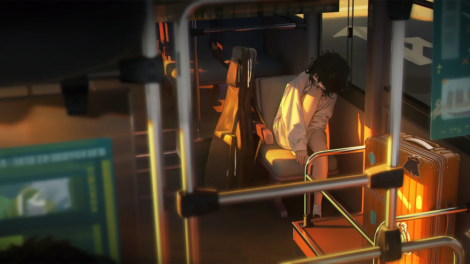アニメ風のイラストで、列車の車内に座る人物と隣のスーツケースが描かれています。