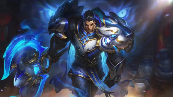 画面展示一名身穿蓝白色铠甲、手持发光武器的男性幻想战士。