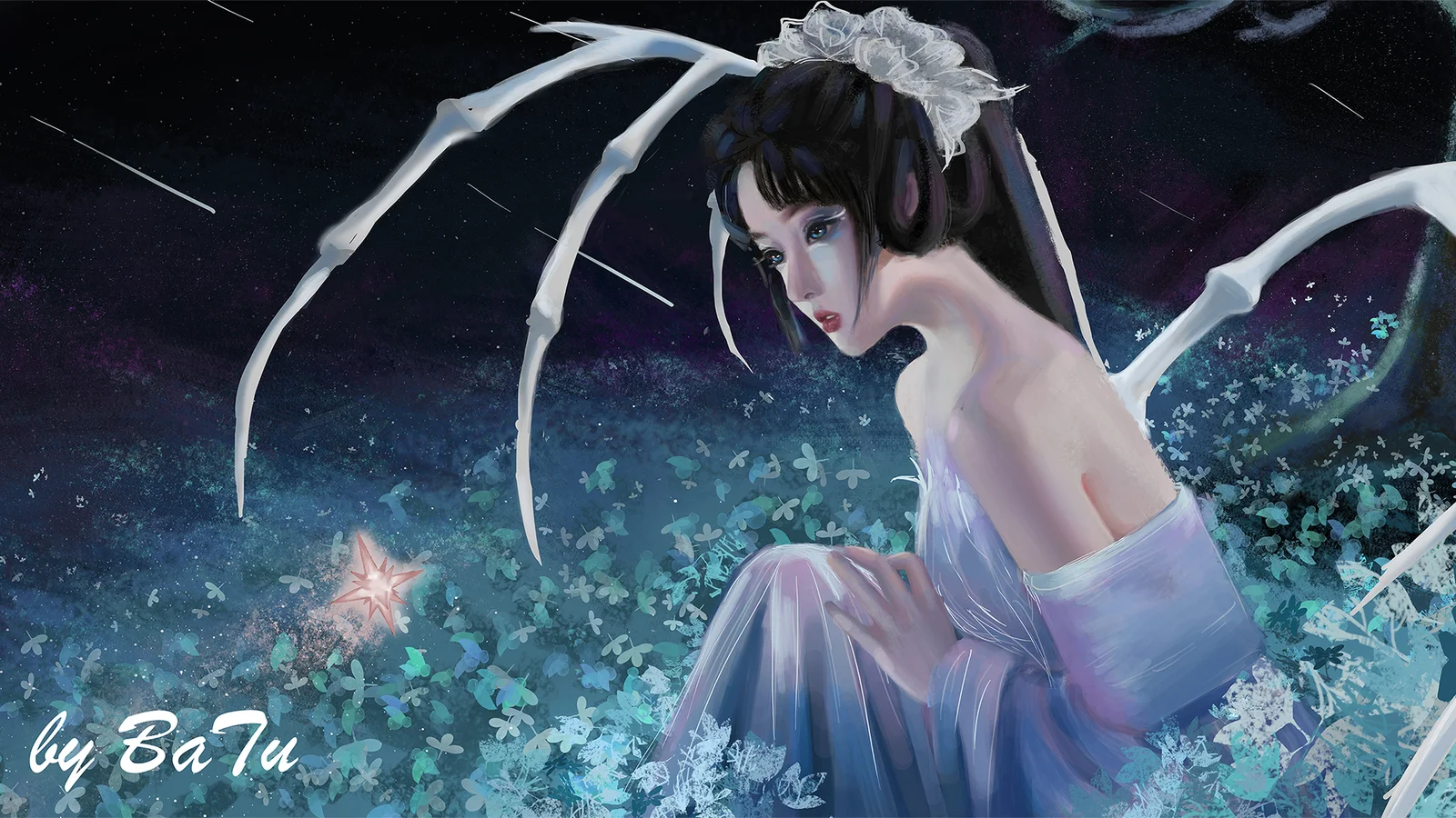 一位身穿浅紫色服装的动漫女性坐在蓝色花海中，背后展开白色翅膀，头顶是繁星点点的夜空。
