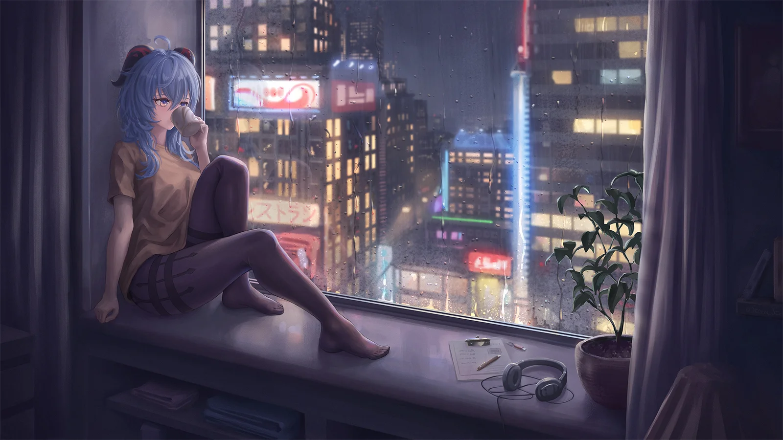 一名蓝发动漫少女坐在窗台上，窗外是灯火通明的雨夜城市。