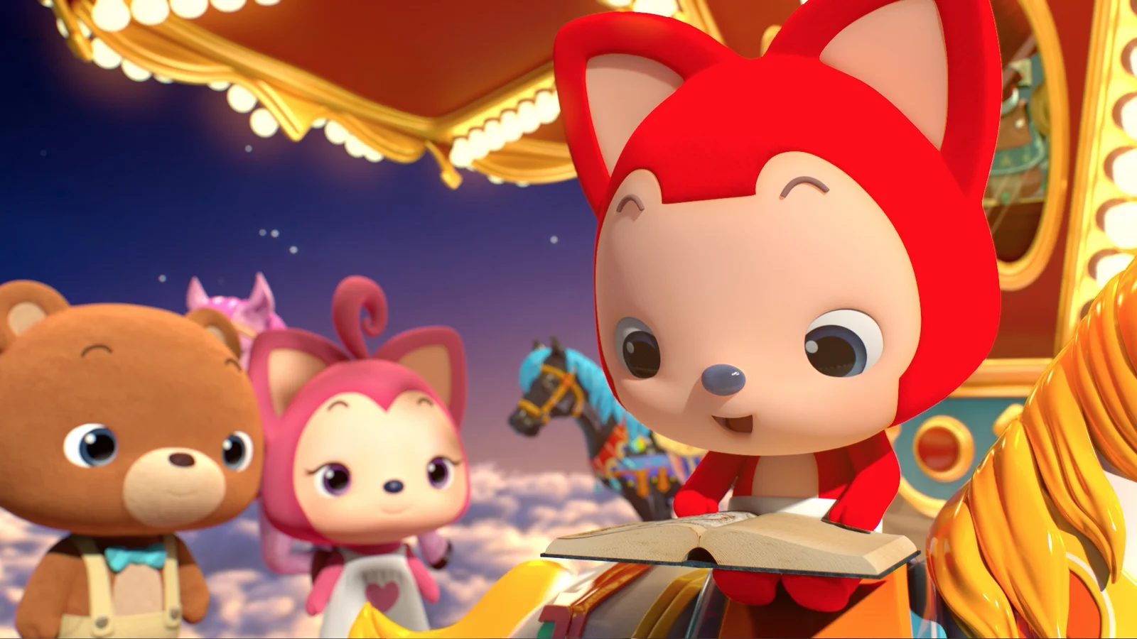 赤い猫のようなキャラクターがメリーゴーラウンドのそばで本を読み、背景にはクマとピンク色の動物キャラクターがいる。