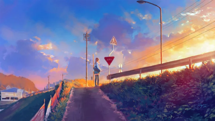 アニメ風の夕暮れの風景に、道路脇の小道や交通標識、電柱、色鮮やかな雲が描かれています。