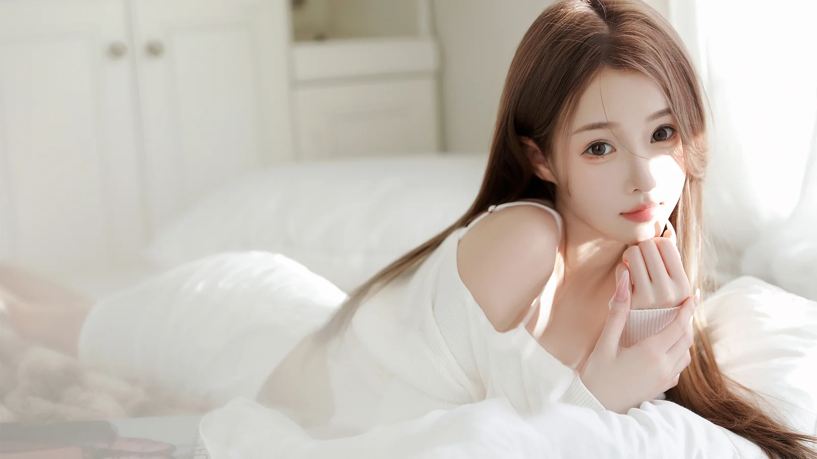 一名女性身穿白色上衣，趴在明亮的卧室床上看向镜头。