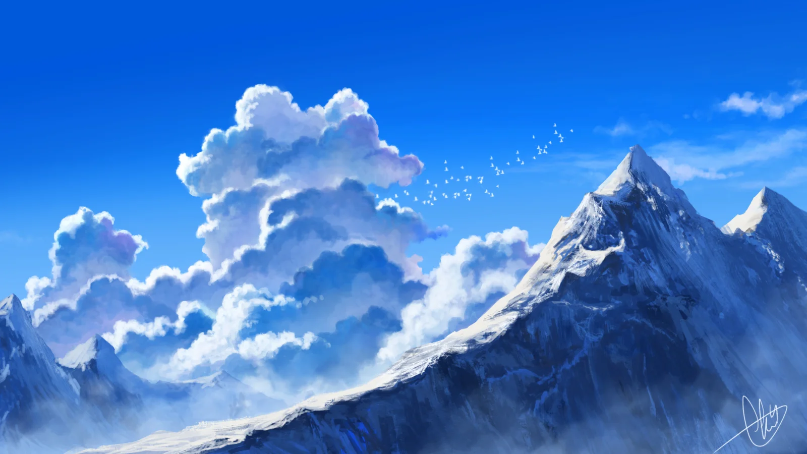 青空の下、雪に覆われた山々と大きな雲が壮大な自然風景を描いています。