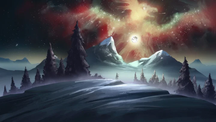 绚丽星云与星空映照着远处的雪山和冰雪山坡。