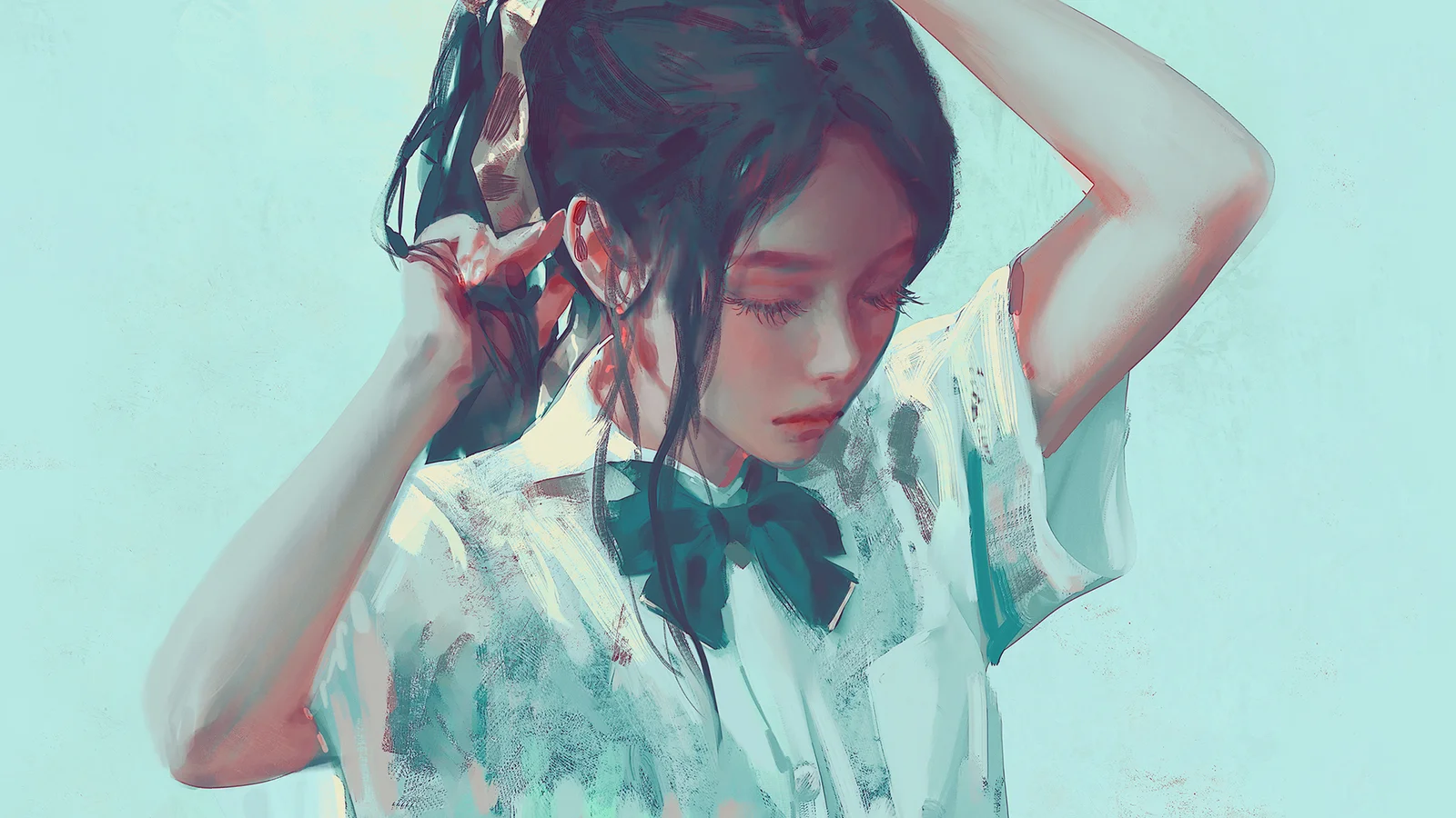 画面呈现一位深色头发的女性插画人物，双手抬起整理头发，背景为浅青色。
