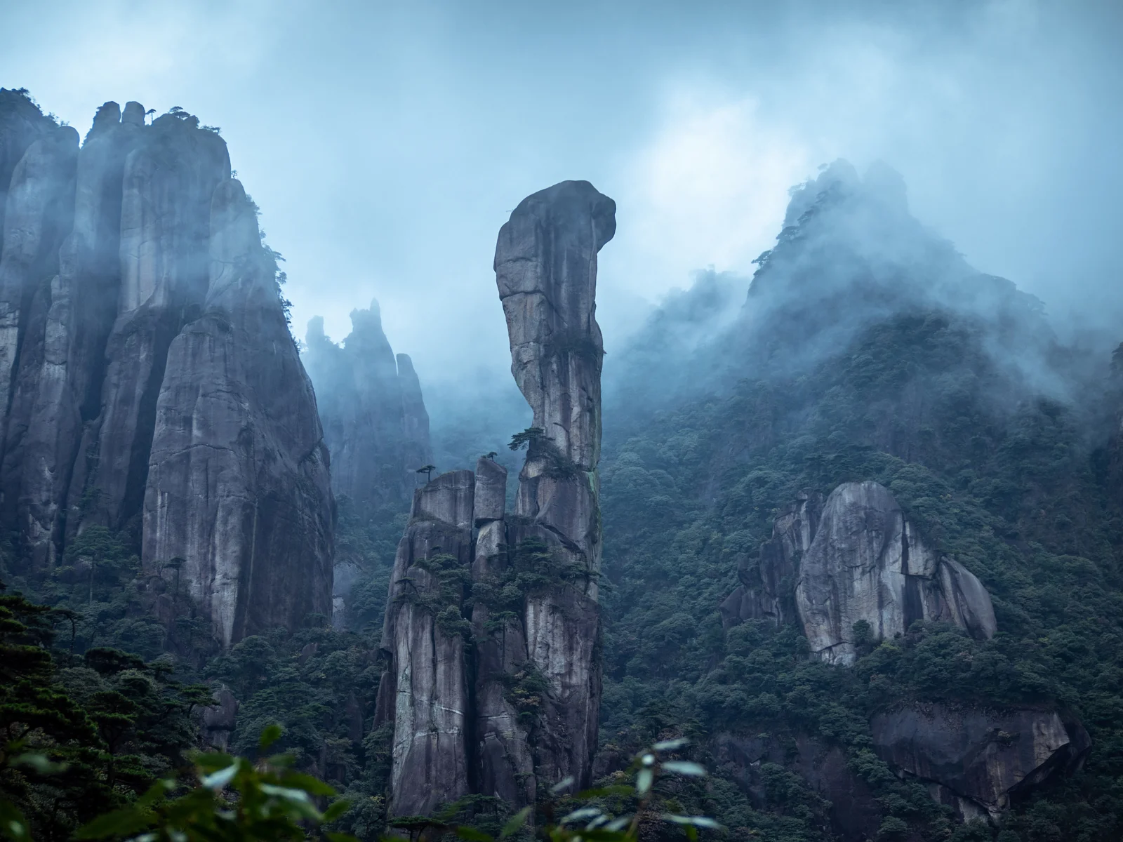 云雾缭绕的山林中矗立着壮观的岩石峰柱。