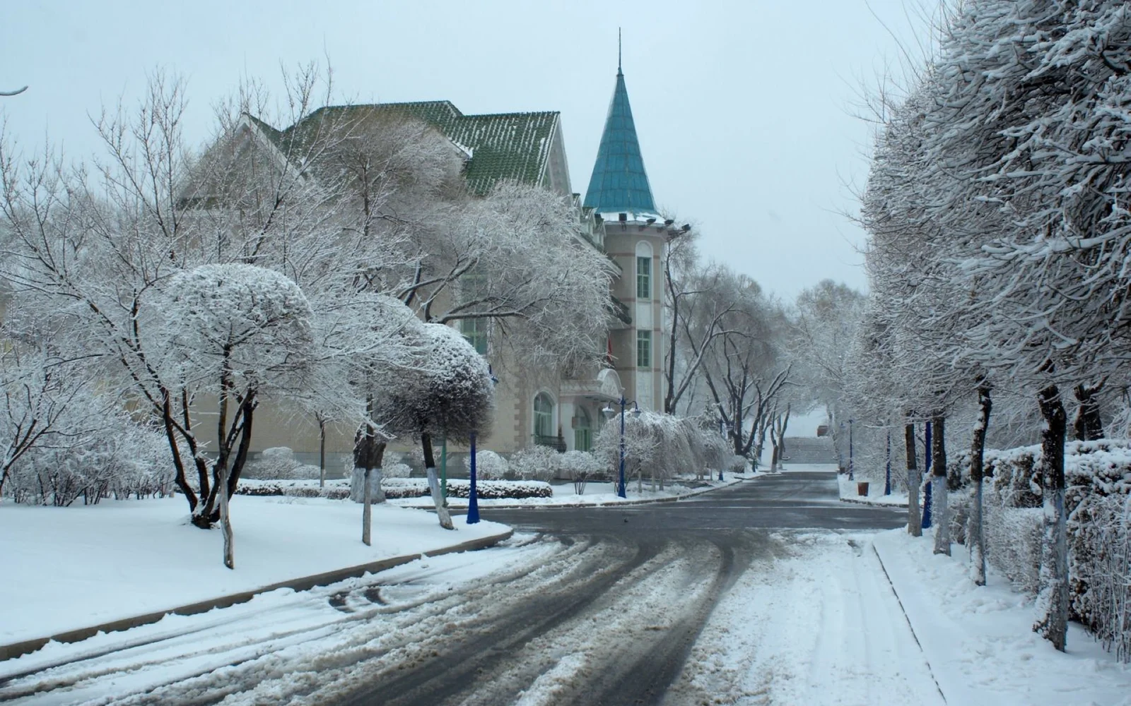积雪覆盖的街道两旁排列着覆雪树木，远处是一座带尖顶的建筑。