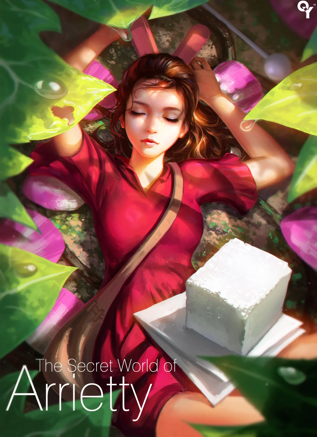 一名身穿红色服装的动漫人物躺在绿叶与粉色花朵之间，旁边放着白色方块物体。