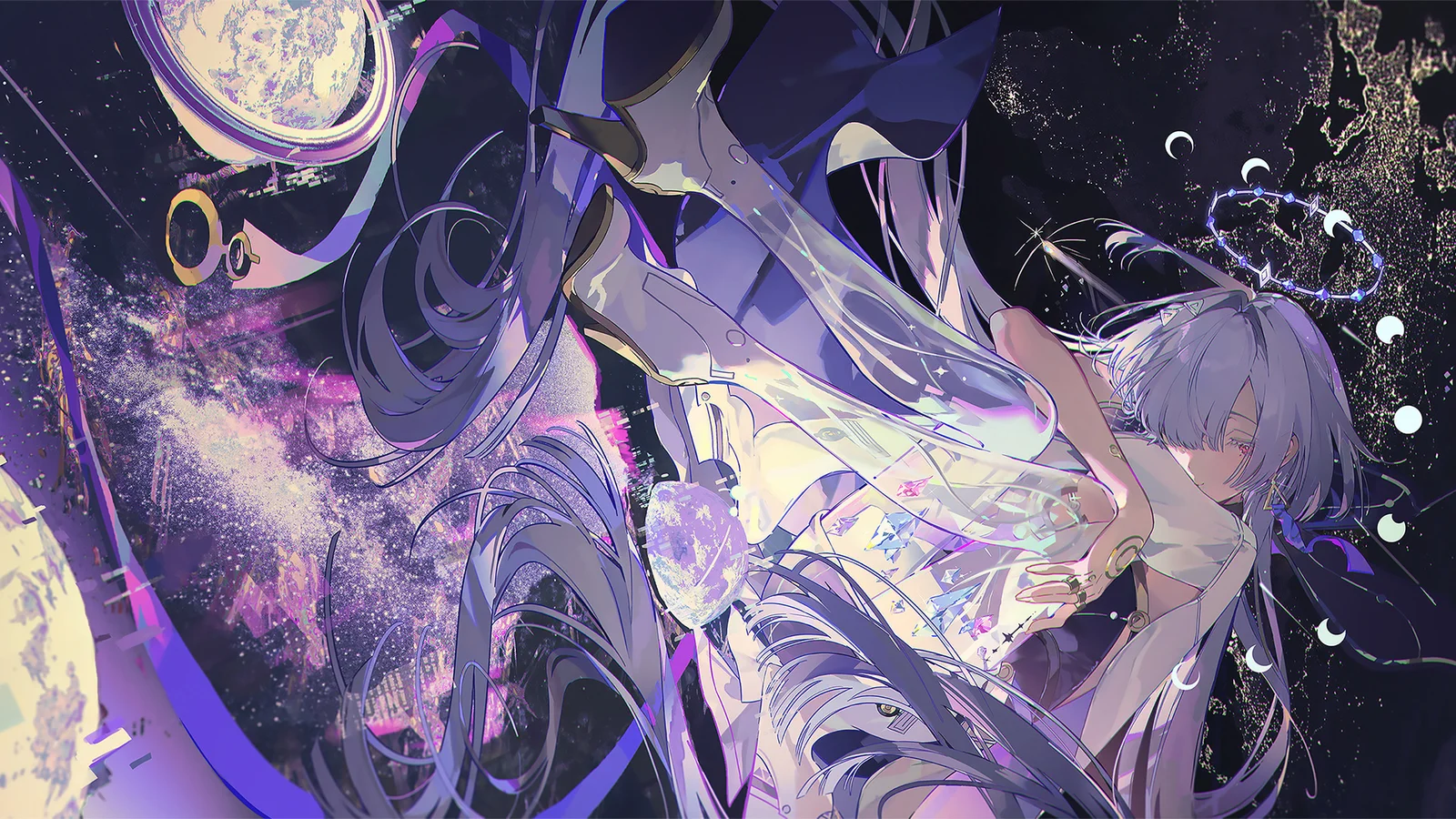 紫色幻想风格的动漫女性角色置身于星月交织的绚丽画面中。