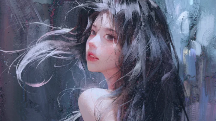 画面展示一位长发动漫女性的侧脸肖像，背景带有蓝灰色的抽象纹理。