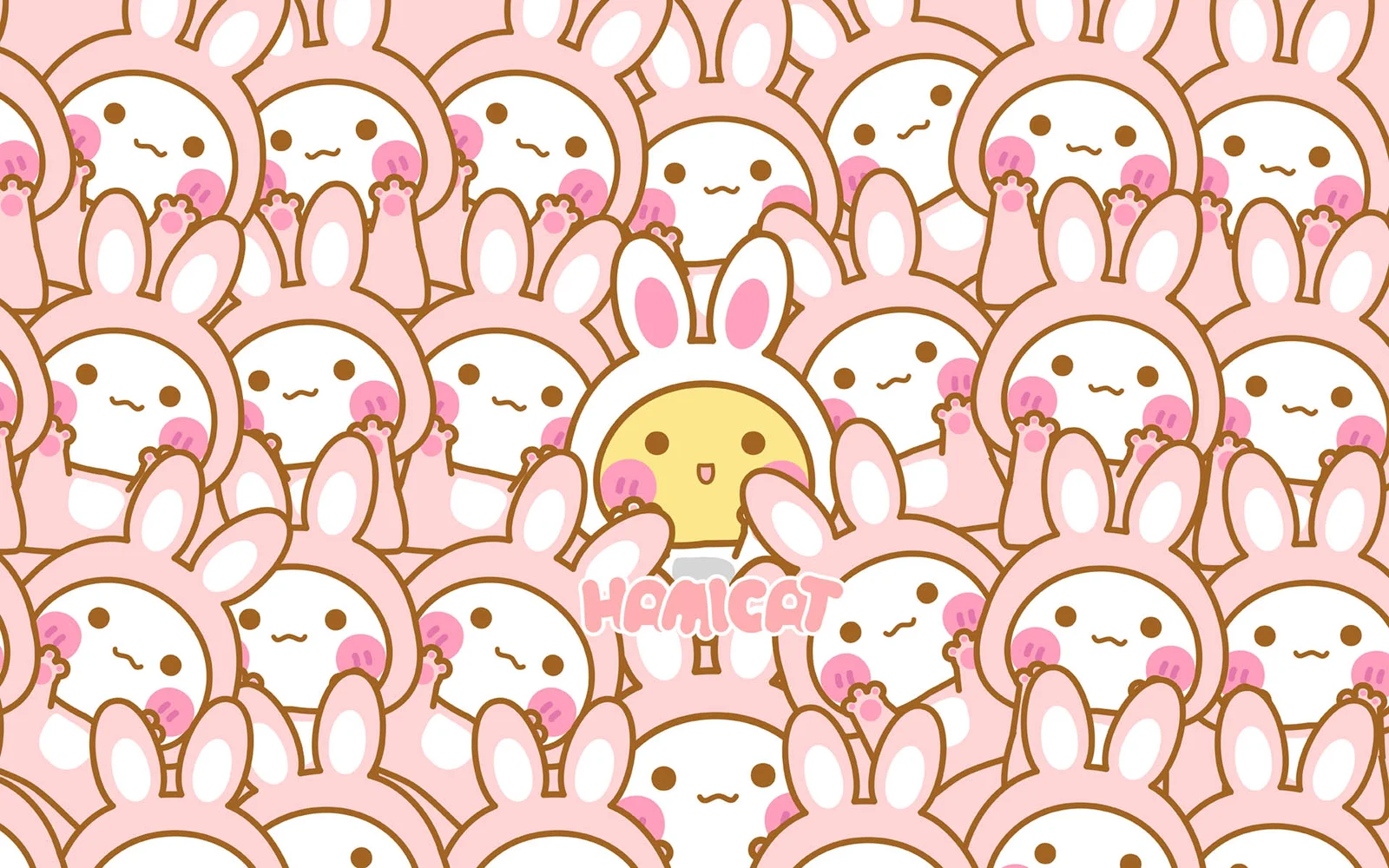 画面いっぱいにピンクと白のウサギが並び、中央に黄色いウサギが描かれています。
